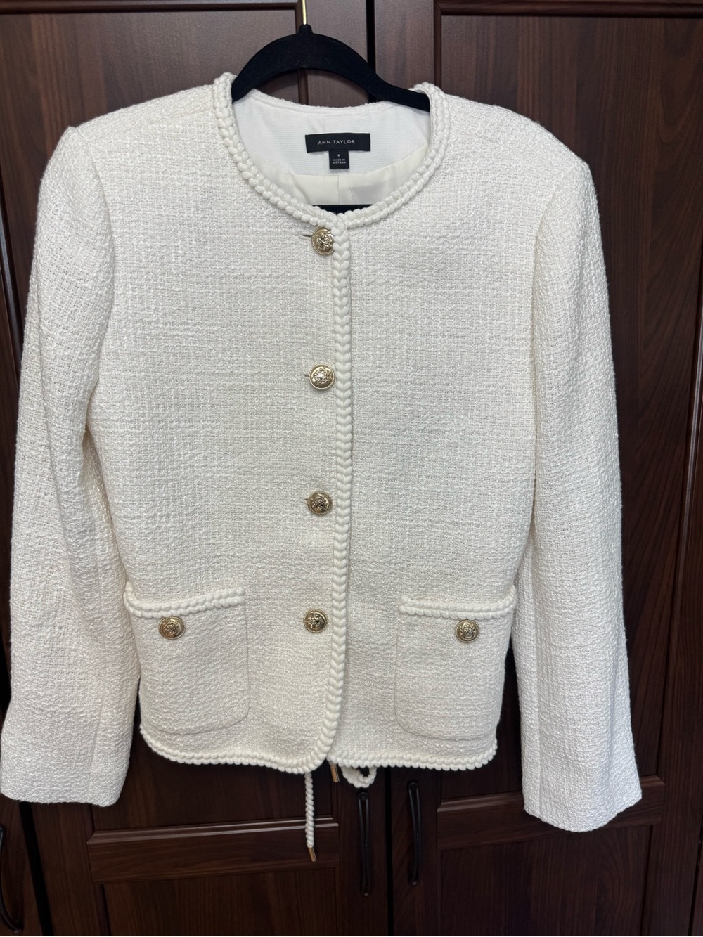 Ann Taylor Cream Bouclé Belted Blazer with Gold Buttons - Picture 2 of 8